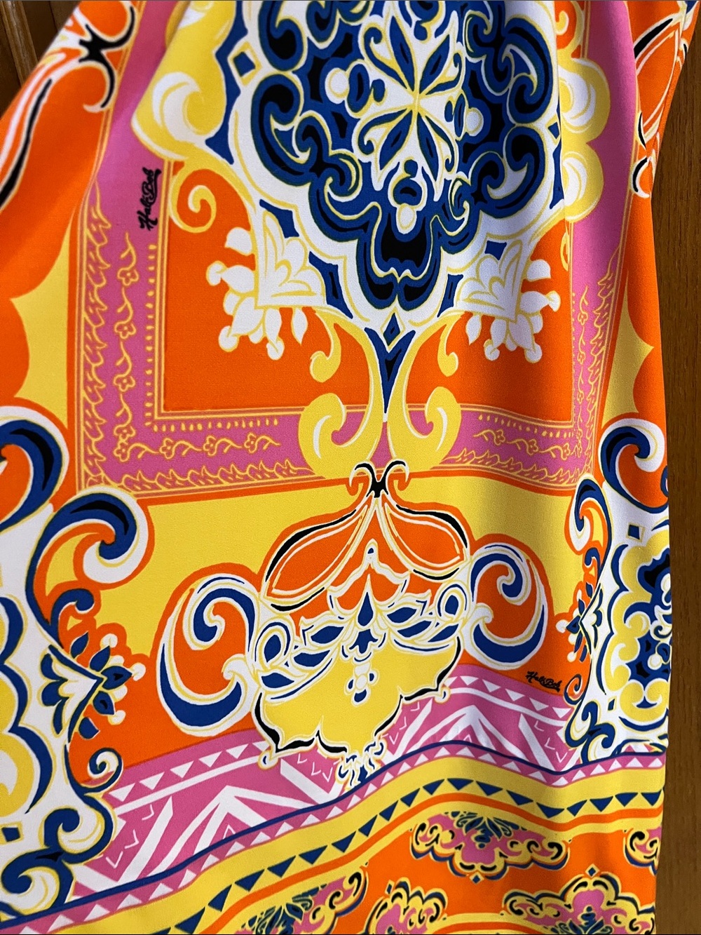 Hale Bob Orange Pink Yellow Patterned front crossover Dress. Small. EUC. - Picture 4 of 7